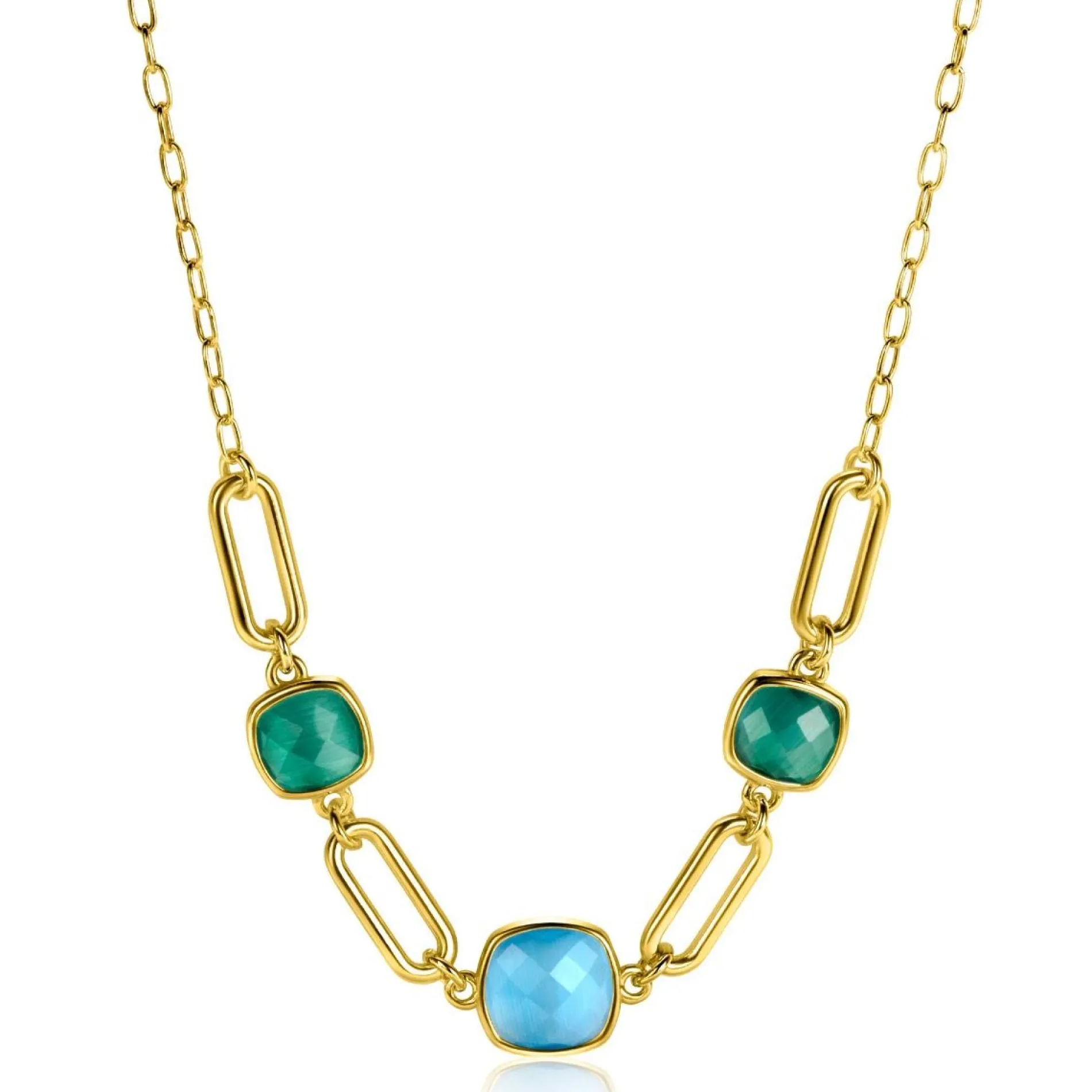 ZINZI gold plated zilveren collier met paperclip schakels en groen turquoise kleurstenen ZIC2332