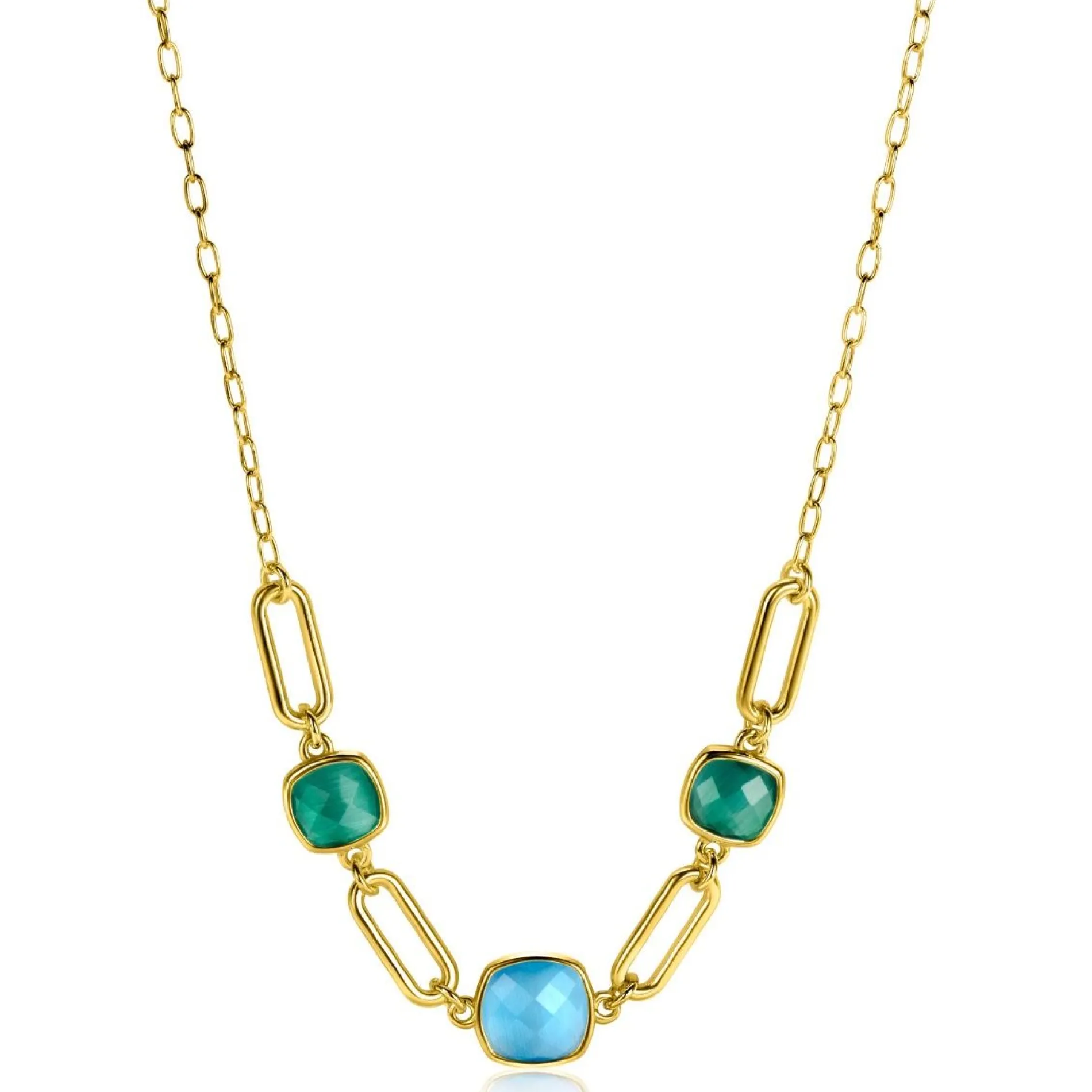ZINZI gold plated zilveren collier met paperclip schakels en groen turquoise kleurstenen ZIC2332