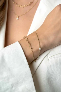 ZINZI gold plated zilveren multilook armband met ronde zetting witte zirconia en bolletjes 16,5-19cm ZIA2520Y
