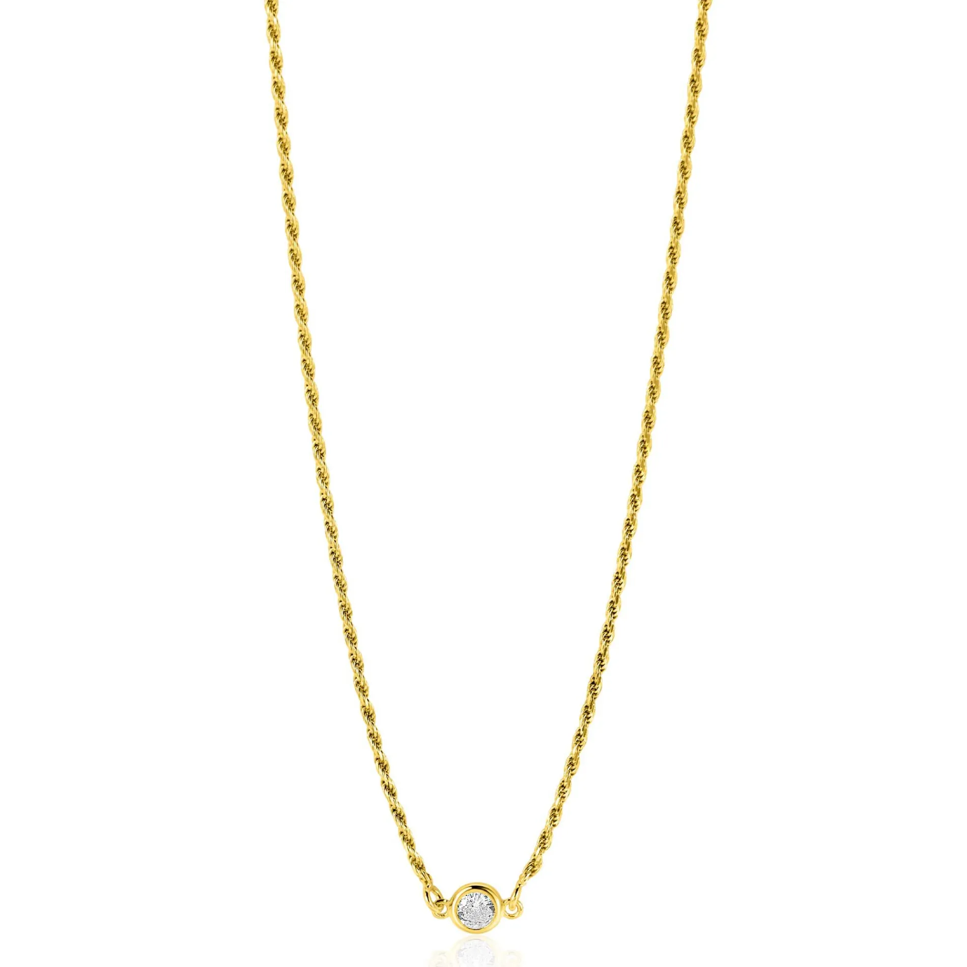 ZINZI gold plated zilveren koord ketting bezet met een ronde witte zirconia 40-45cm ZIC2461Y