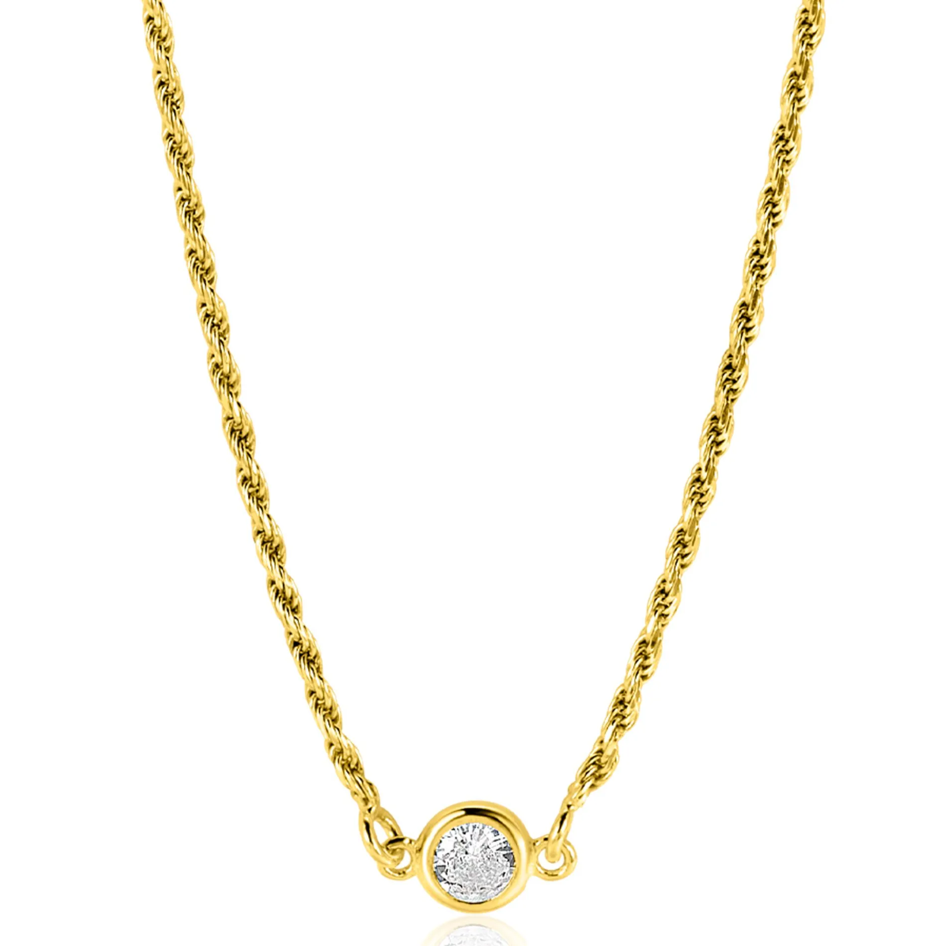 ZINZI gold plated zilveren koord ketting bezet met een ronde witte zirconia 40-45cm ZIC2461Y