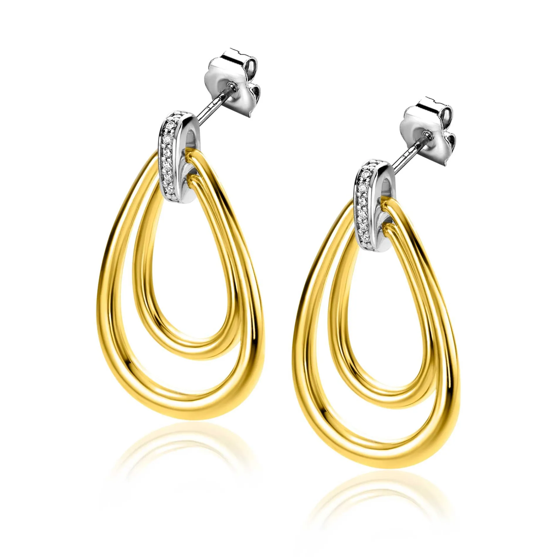 ZINZI gold plated zilveren grote ovale oorstekers 28mm waarbij de top bezet is met witte zirconia's ZIO2489Y