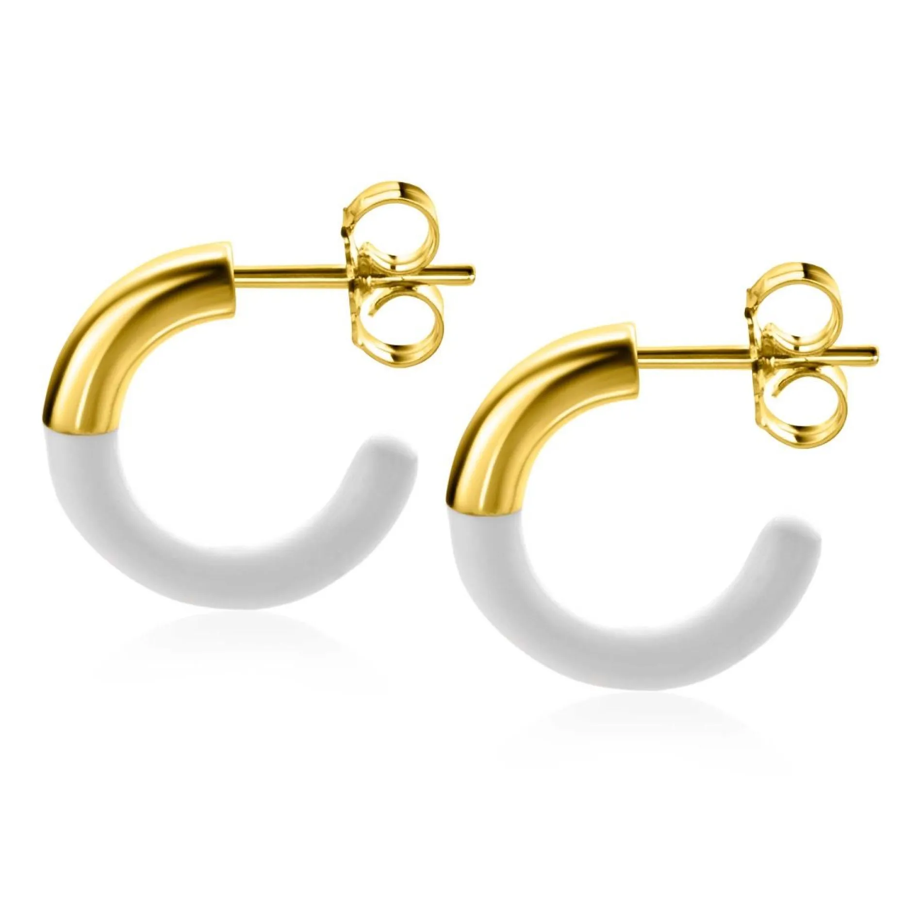 ZINZI gold plated zilveren trendy oorsieraden 16mm half emaille wit ZIO2315W