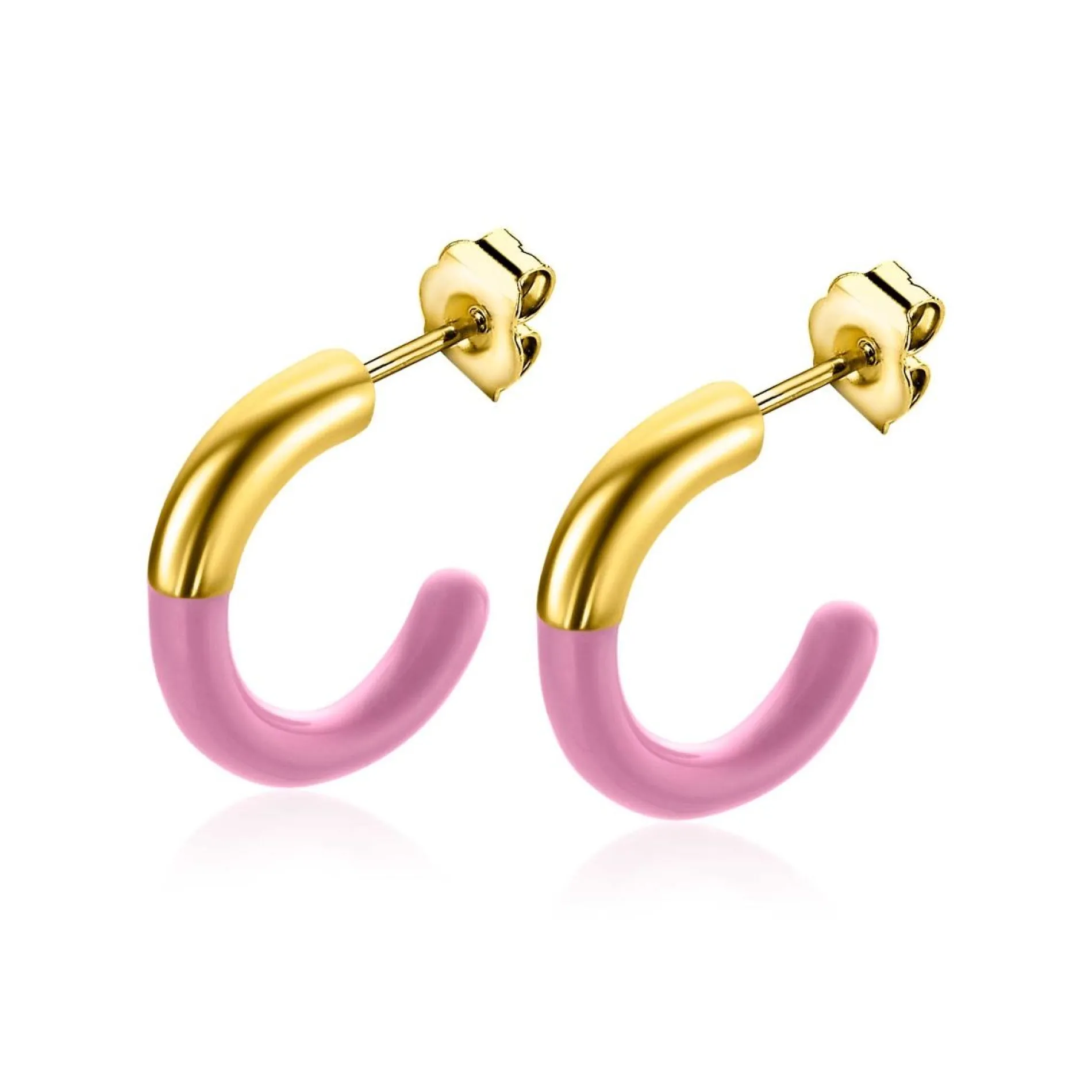 ZINZI gold plated zilveren trendy oorsieraden 16mm half emaille roze ZIO2315R