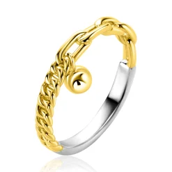 ZINZI gold plated zilveren ring met gourmet en paperclip schakel en bolletjes hanger ZIR2521G