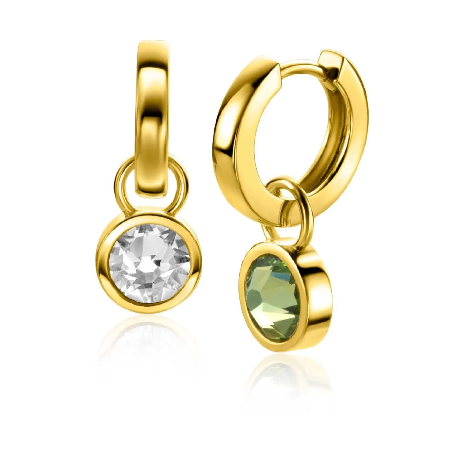 ZINZI gold plated zilveren oorbedels dubbelzijdig groen wit Swarovski crystals 9mm ZICH1006G (zonder oorringen)