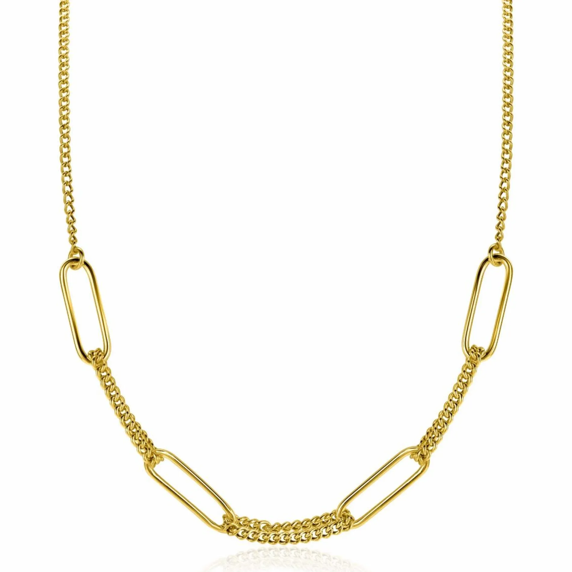 ZINZI gold plated zilveren ketting 45cm met vier grote ovale schakels en gourmet schakels ZIC2382