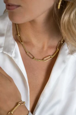ZINZI gold plated zilveren ketting 45cm met vier grote ovale schakels en gourmet schakels ZIC2382
