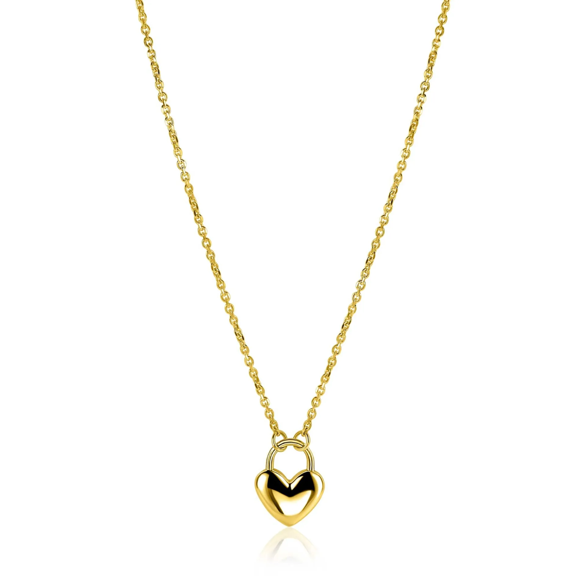 ZINZI gold plated zilvereren schakelketting met hartvormige slot hanger 18mm breed 42-45 cm ZIC2673G