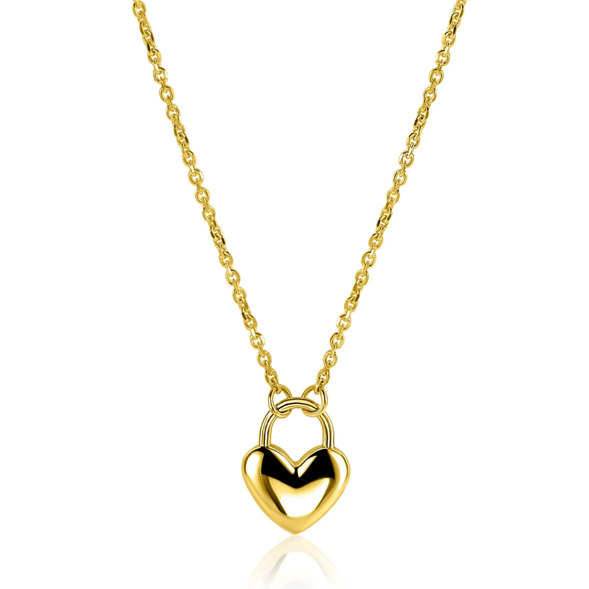 ZINZI gold plated zilvereren schakelketting met hartvormige slot hanger 18mm breed 42-45 cm ZIC2673G