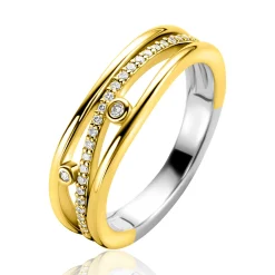 ZINZI gold plated zilveren multi-look ring (6mm breed) in golvend design bezet met witte zirkonia's ZIR2685