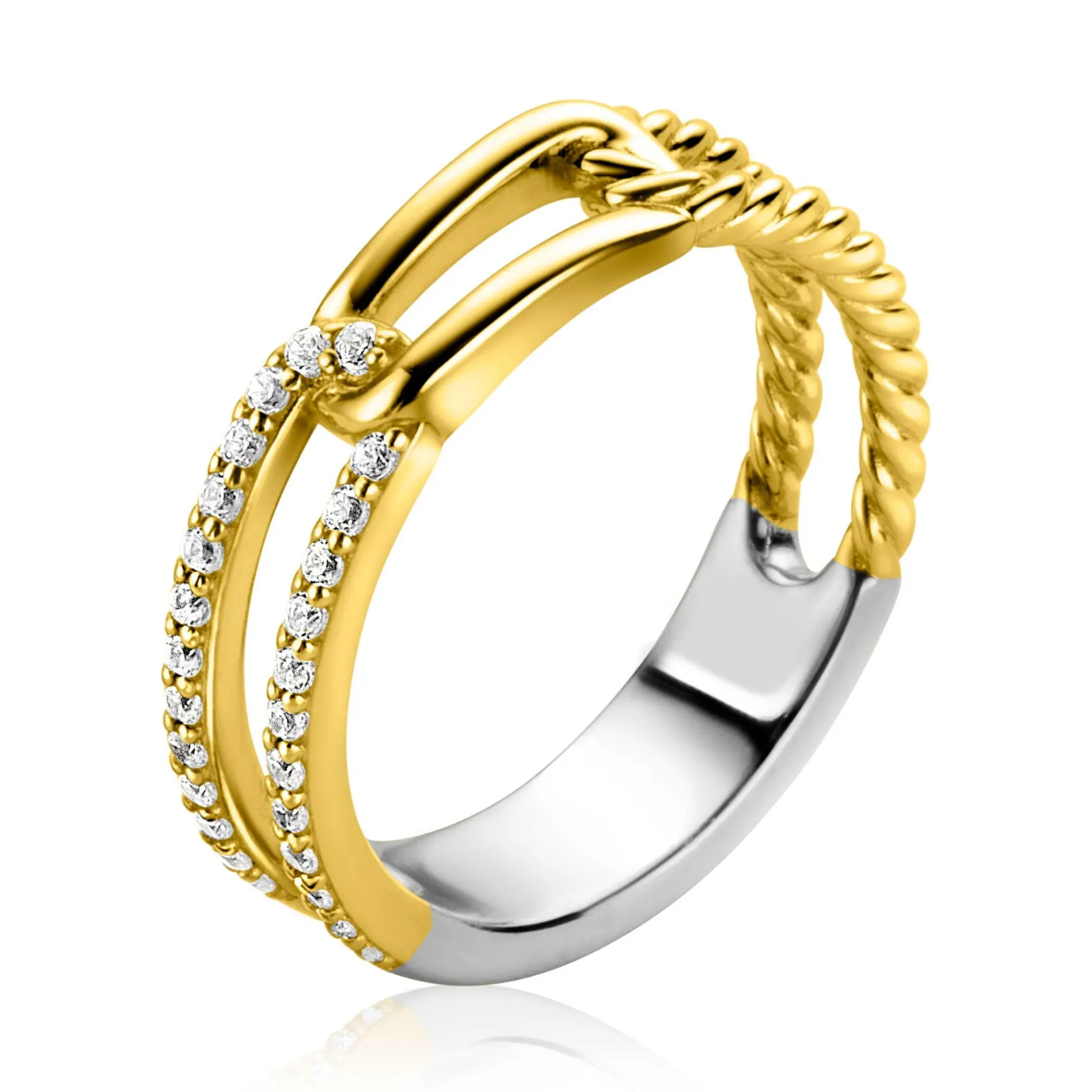 ZINZI gold plated zilveren luxe ring 5mm breed met drie paperclip schakels, glad bewerkt witte zirconia's ZIR2330Y