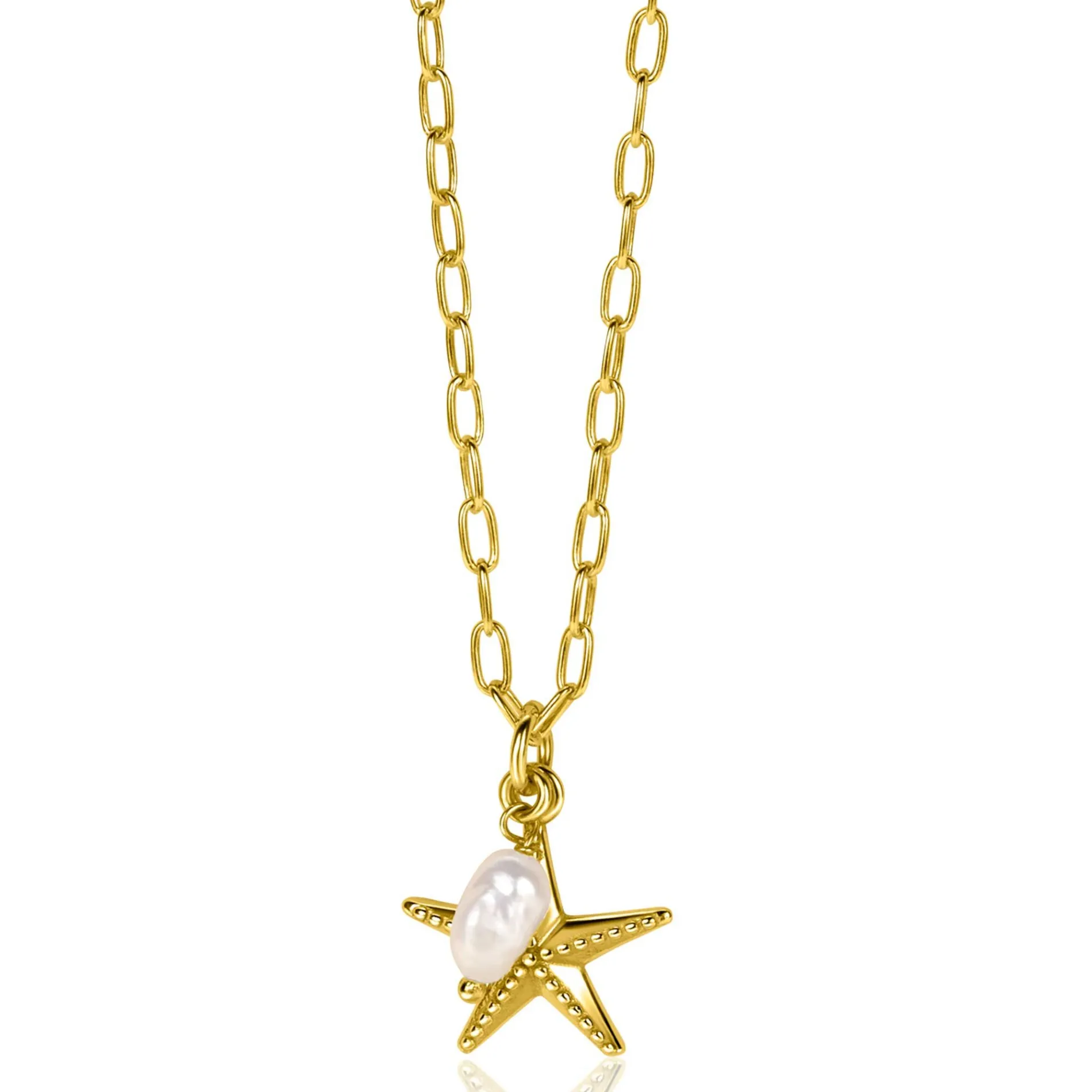 ZINZI gold plated zilveren ketting met paperclip-schakels en grote zeester hanger met ovale witte zoetwaterparel 40-45cm ZIC2641
