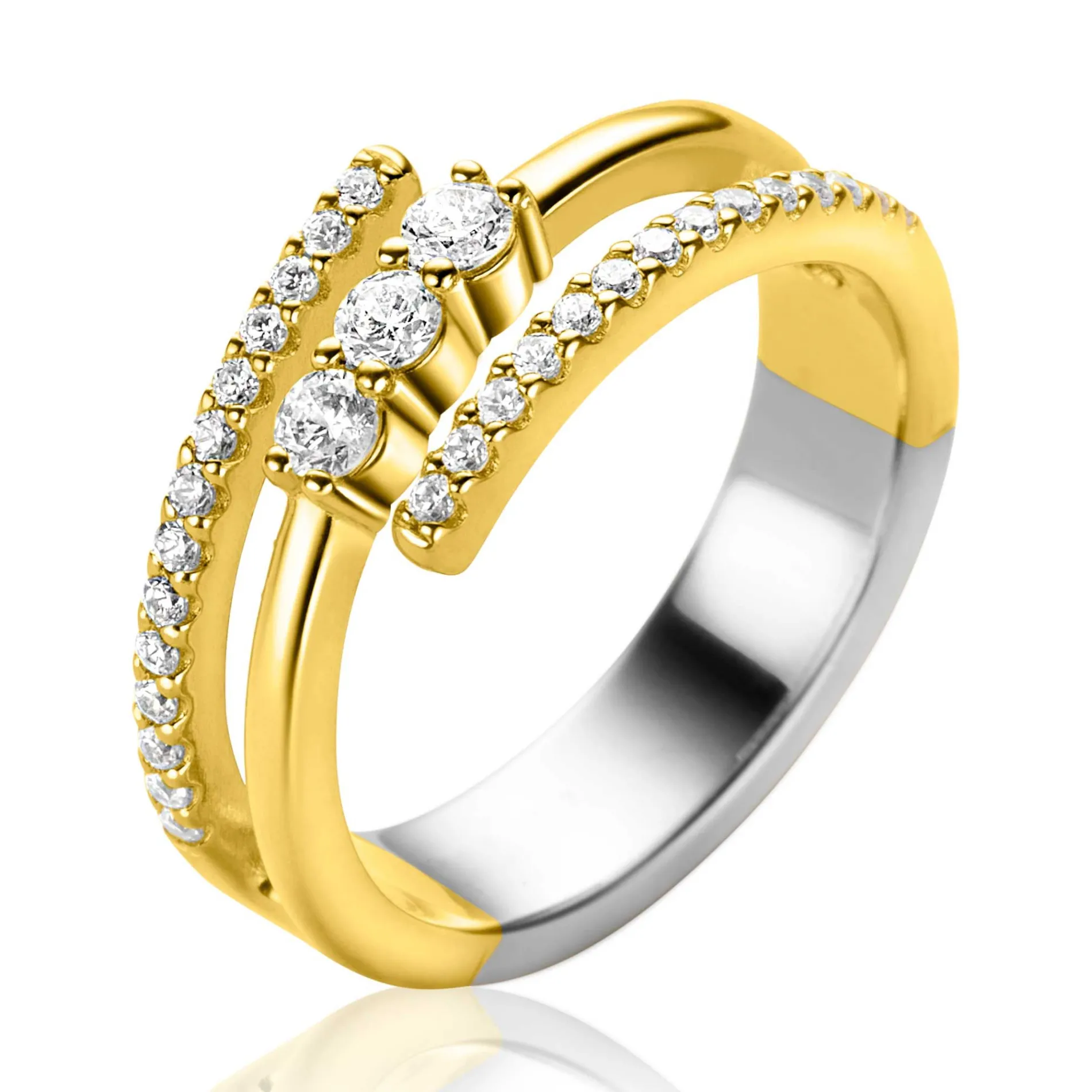 ZINZI gold plated zilveren multi-look ring (8mm breed) met 3 rijen, bezet met witte zirconia's ZIR2645Y
