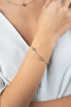 ZINZI gold plated zilveren armband met ronde en vierkante zettingen jeansblauw en witgrijs 17-20cm ZIA2526G