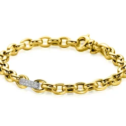 ZINZI gold plated zilveren schakel armband met een ronde schakel bezet met witte zirkonia's 6mm breed 19cm ZIA2664
