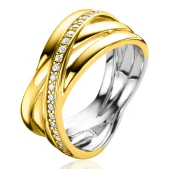 ZINZI gold plated zilveren brede cross-over ring glad wit ZIR1790Y
