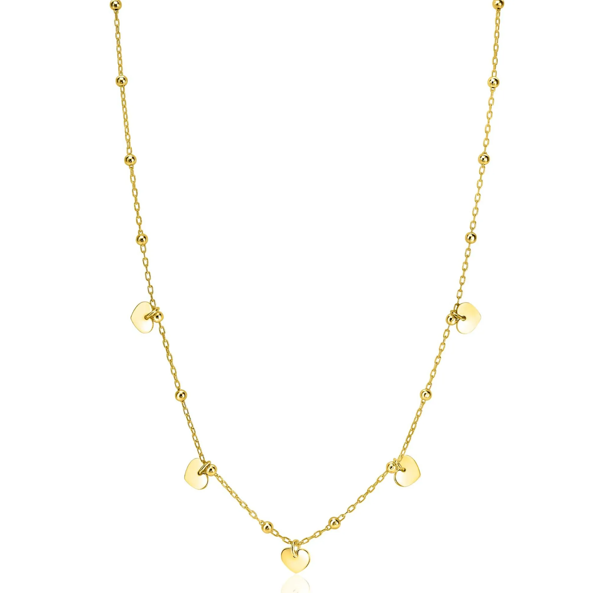 ZINZI gold plated zilveren ankerketting met kleine bolletjes en vijf gladde hartjes 42-45cm ZIC2531G