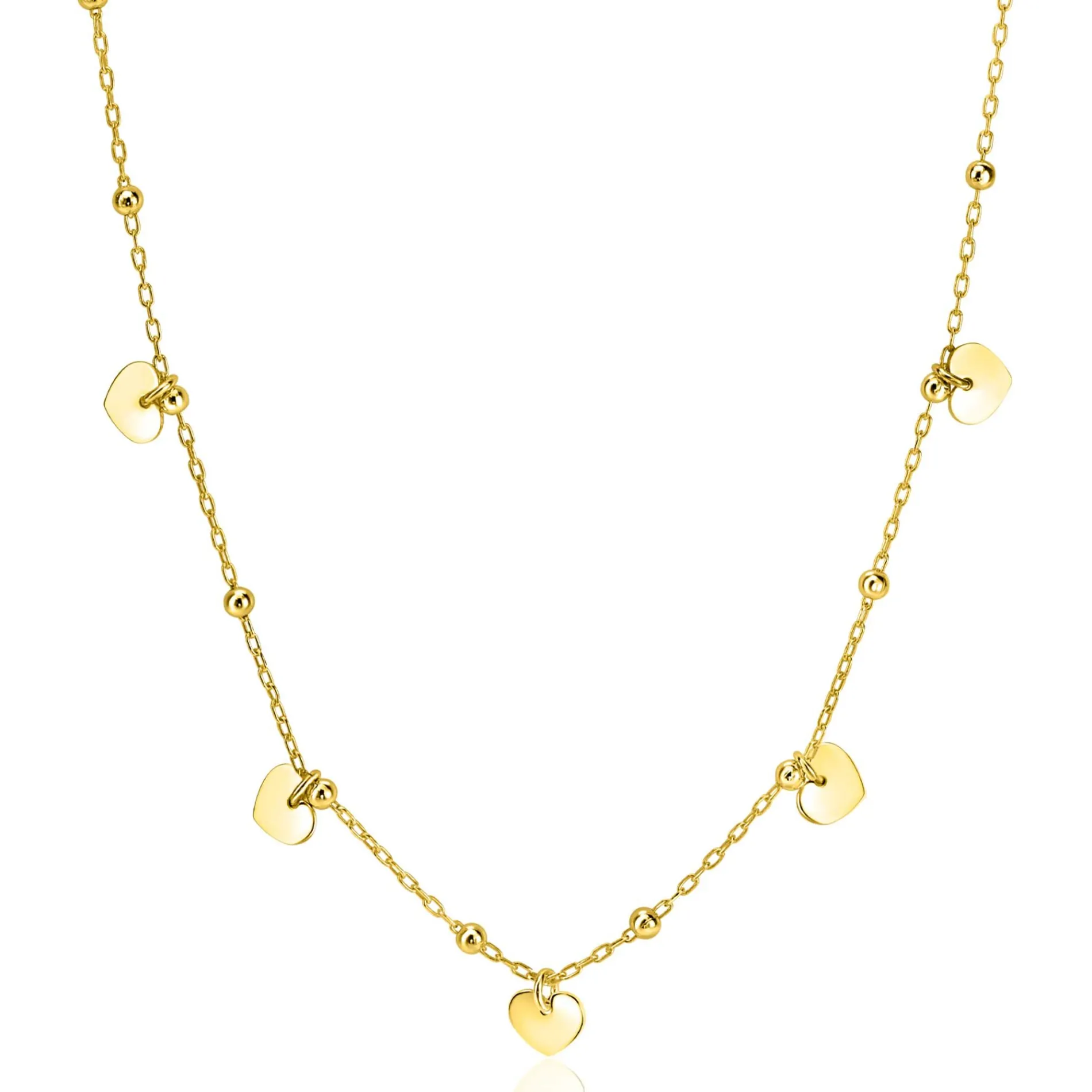 ZINZI gold plated zilveren ankerketting met kleine bolletjes en vijf gladde hartjes 42-45cm ZIC2531G