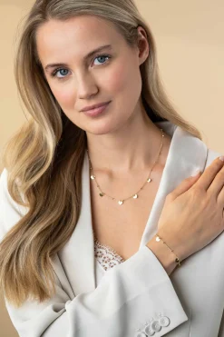 ZINZI gold plated zilveren ankerketting met kleine bolletjes en vijf gladde hartjes 42-45cm ZIC2531G