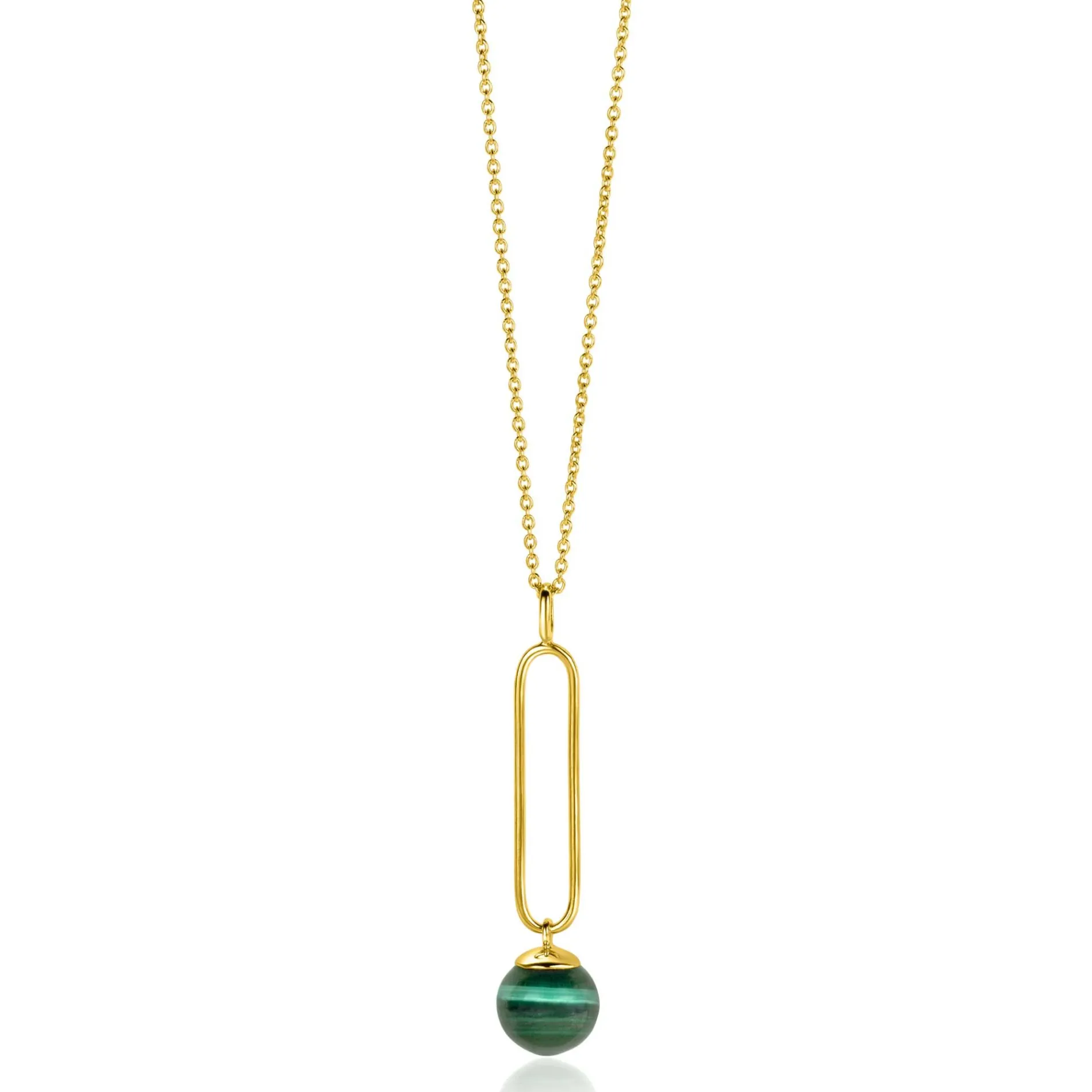 ZINZI gold plated zilveren ketting met lange ovale hanger en bungelende groene cateye in bolvorm 40-45cm ZIC2420