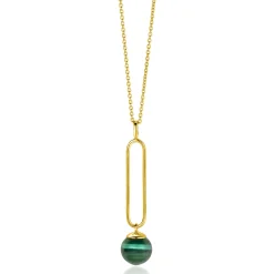 ZINZI gold plated zilveren ketting met lange ovale hanger en bungelende groene cateye in bolvorm 40-45cm ZIC2420