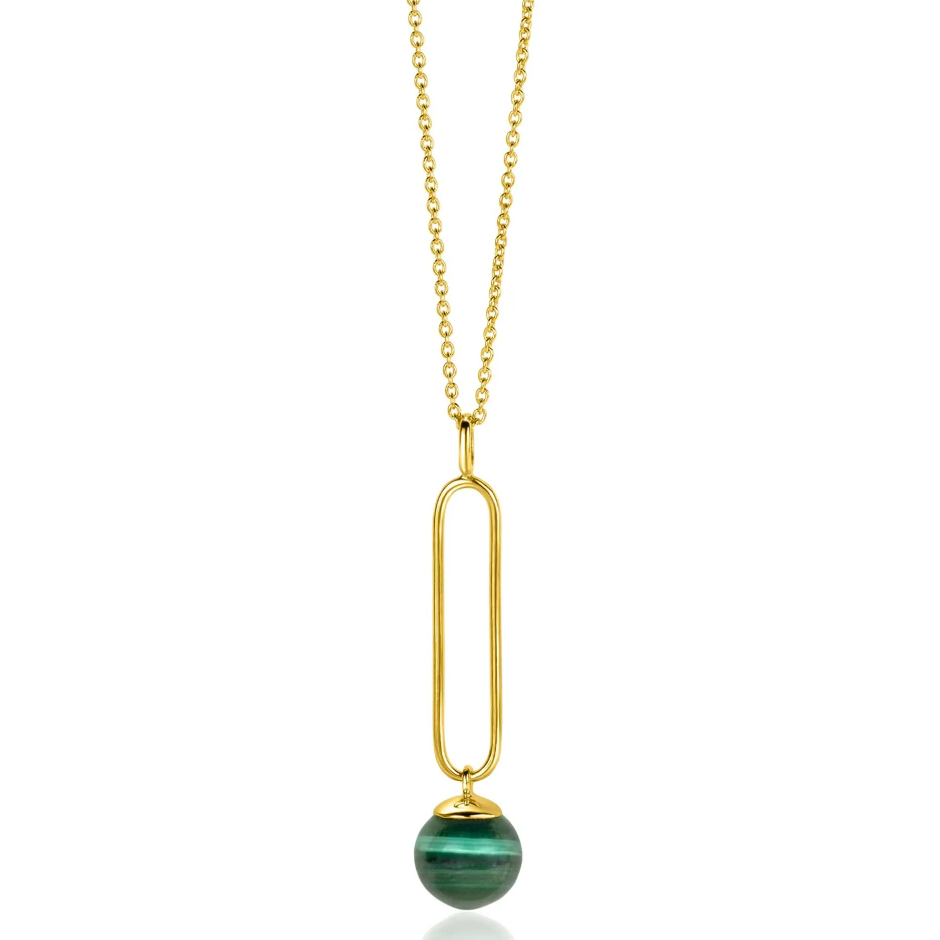 ZINZI gold plated zilveren ketting met lange ovale hanger en bungelende groene cateye in bolvorm 40-45cm ZIC2420