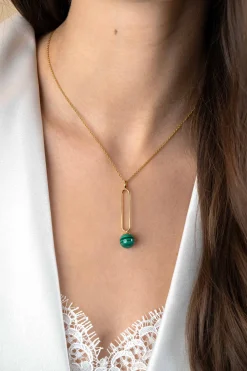 ZINZI gold plated zilveren ketting met lange ovale hanger en bungelende groene cateye in bolvorm 40-45cm ZIC2420