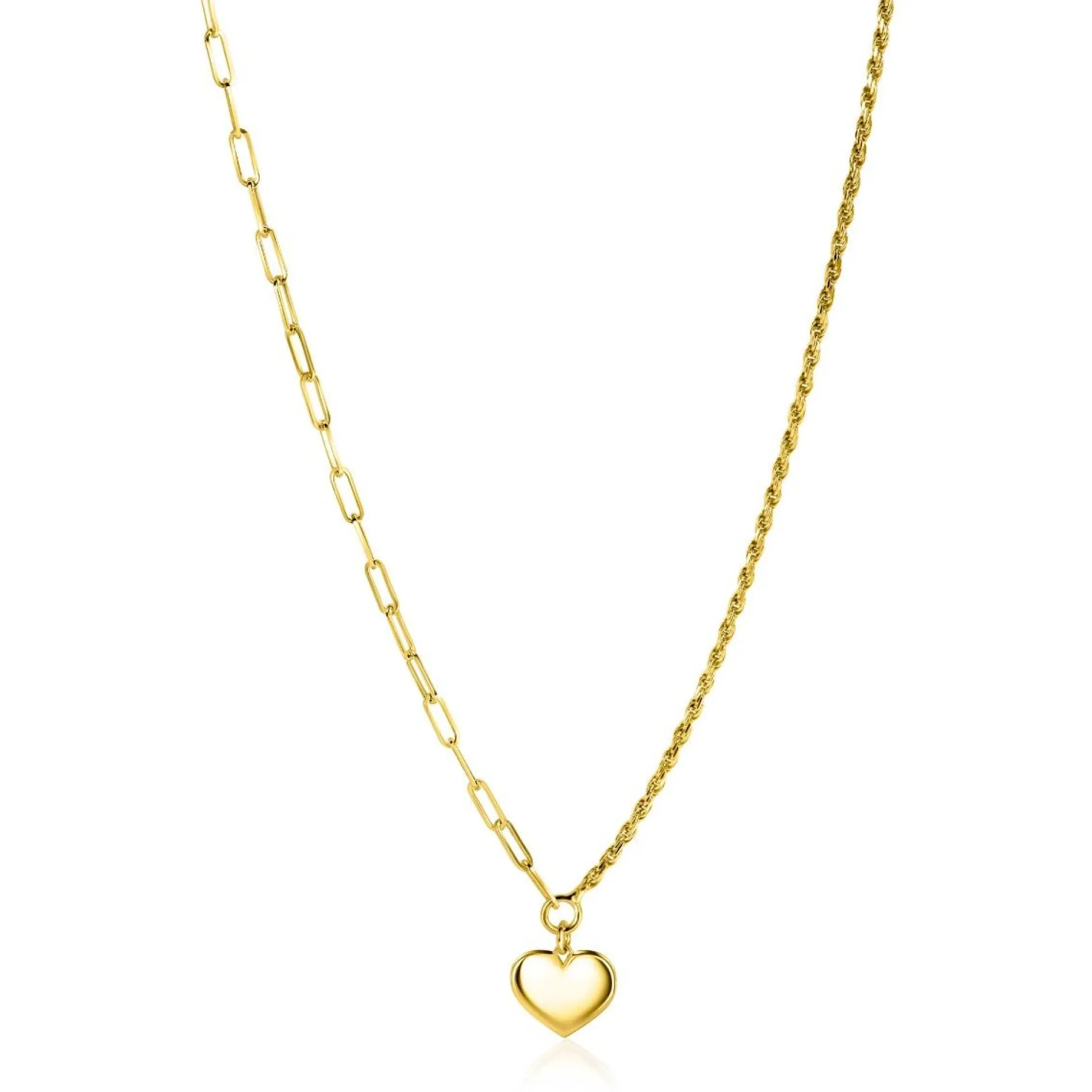 ZINZI gold plated zilveren schakel ketting met twee trendy schakels en glad hart 40-45cm ZIC2381G