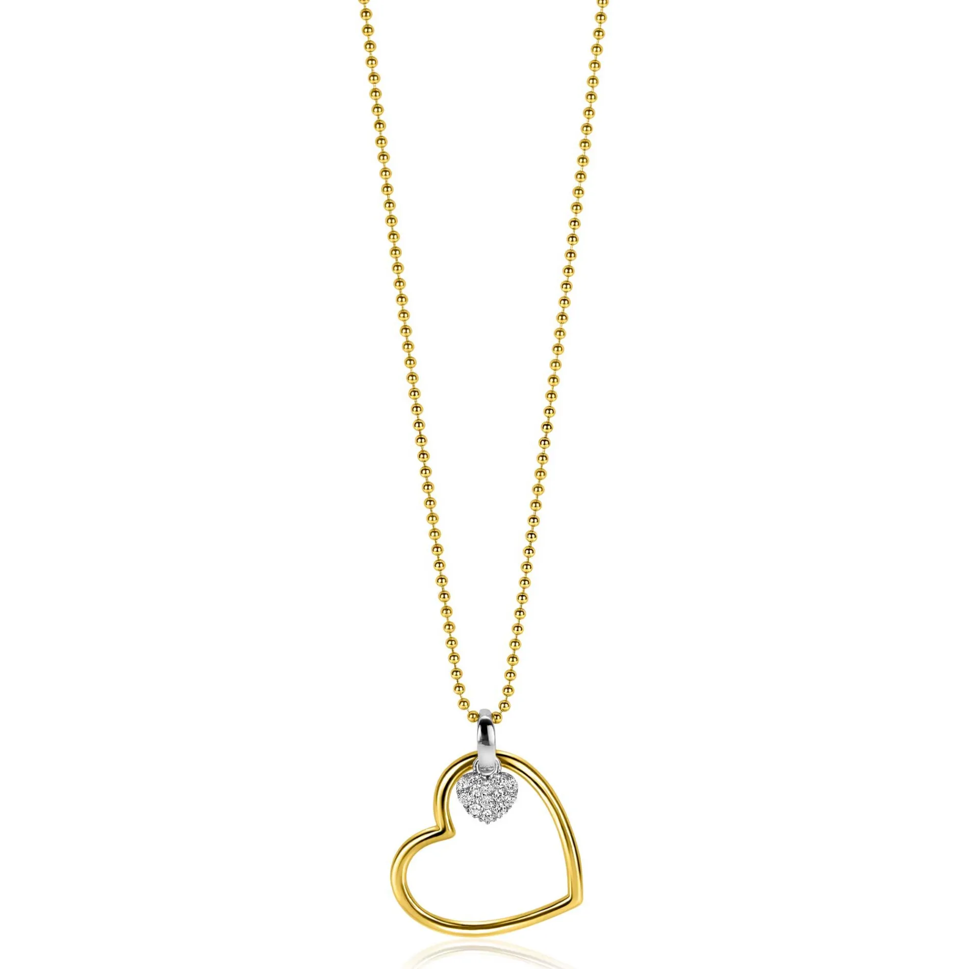 ZINZI gold plated zilveren bolletjes ketting met grote open hart hanger 20mm en bungelend luxe hartje 45-48cm ZIC2621