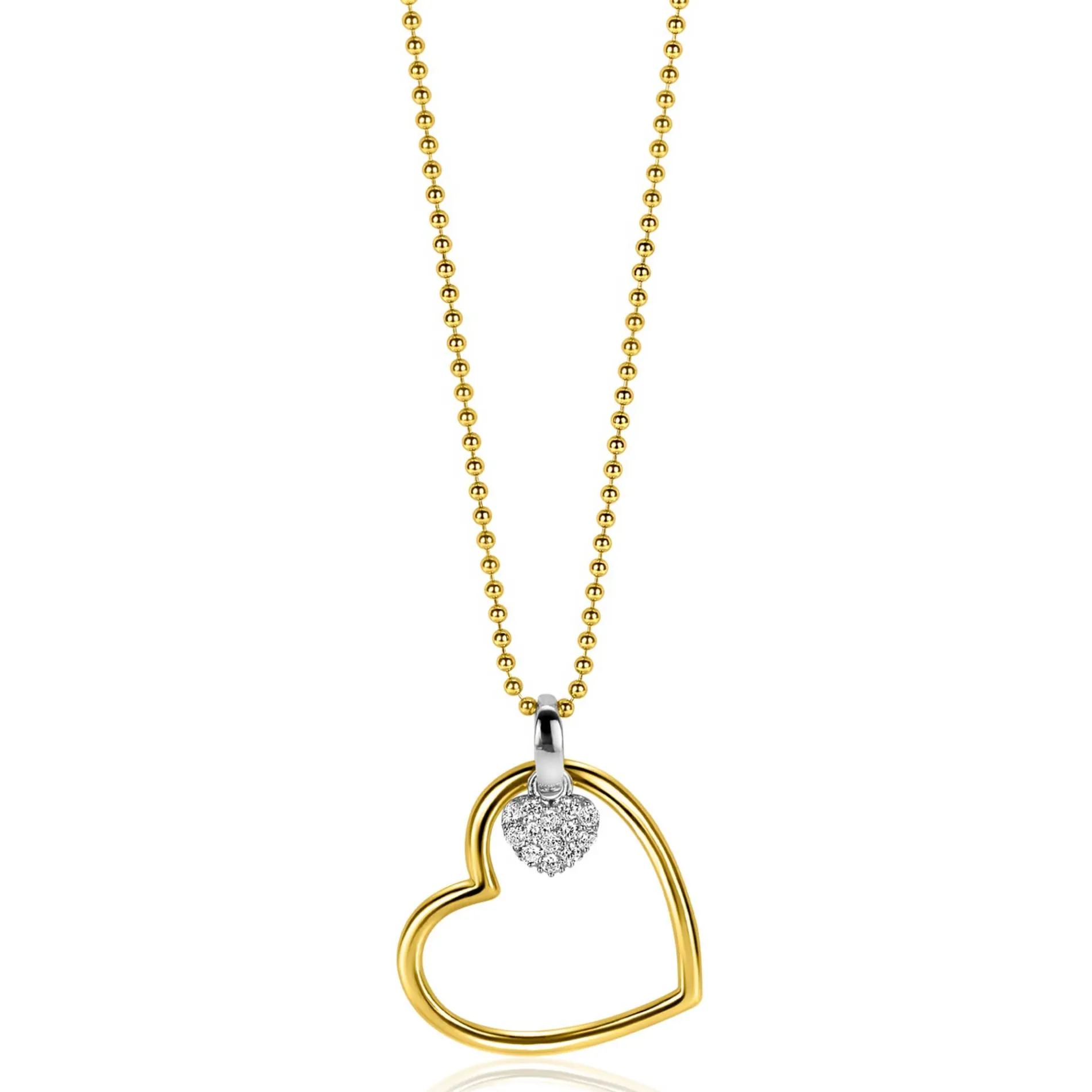 ZINZI gold plated zilveren bolletjes ketting met grote open hart hanger 20mm en bungelend luxe hartje 45-48cm ZIC2621
