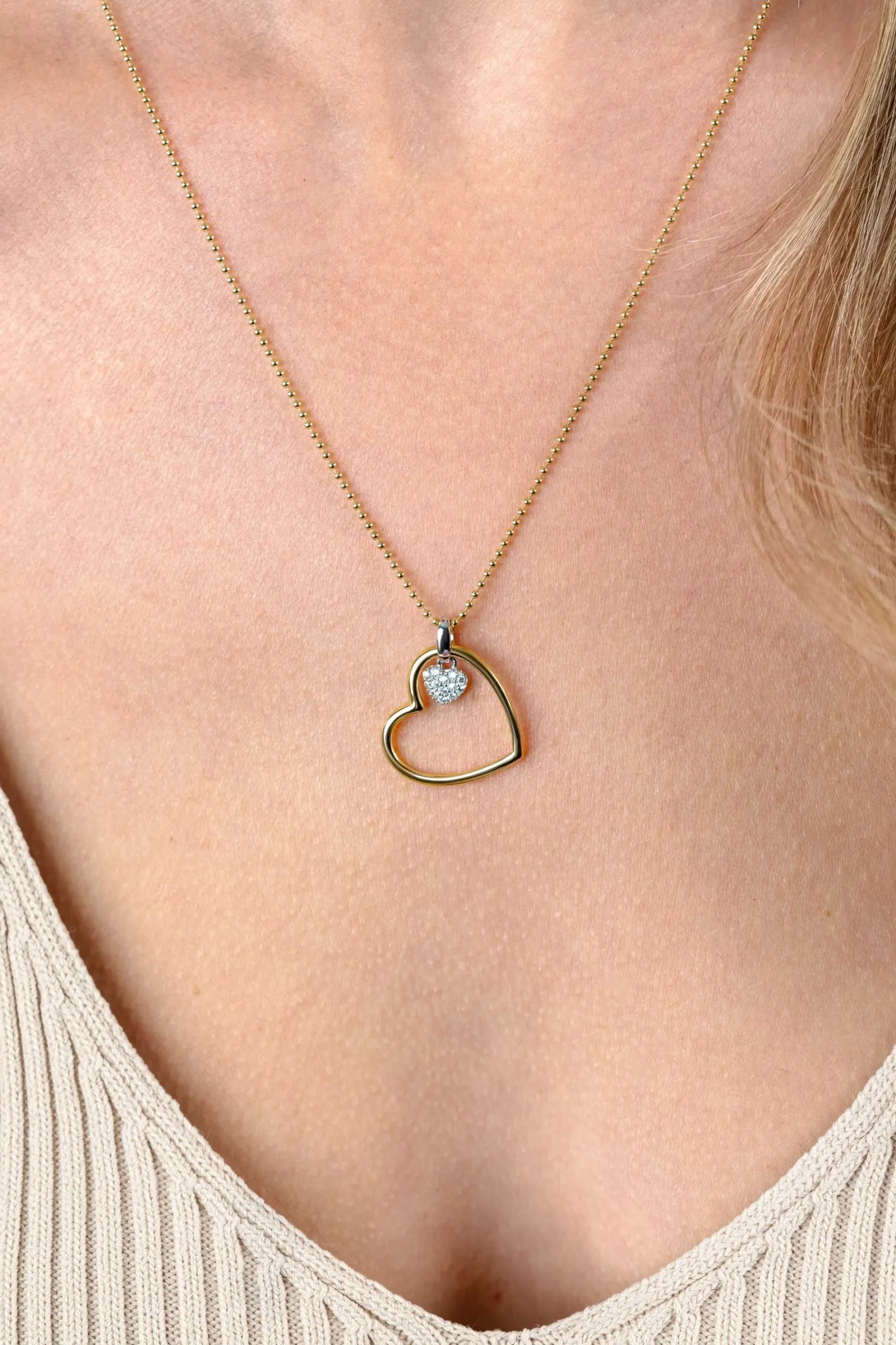 ZINZI gold plated zilveren bolletjes ketting met grote open hart hanger 20mm en bungelend luxe hartje 45-48cm ZIC2621