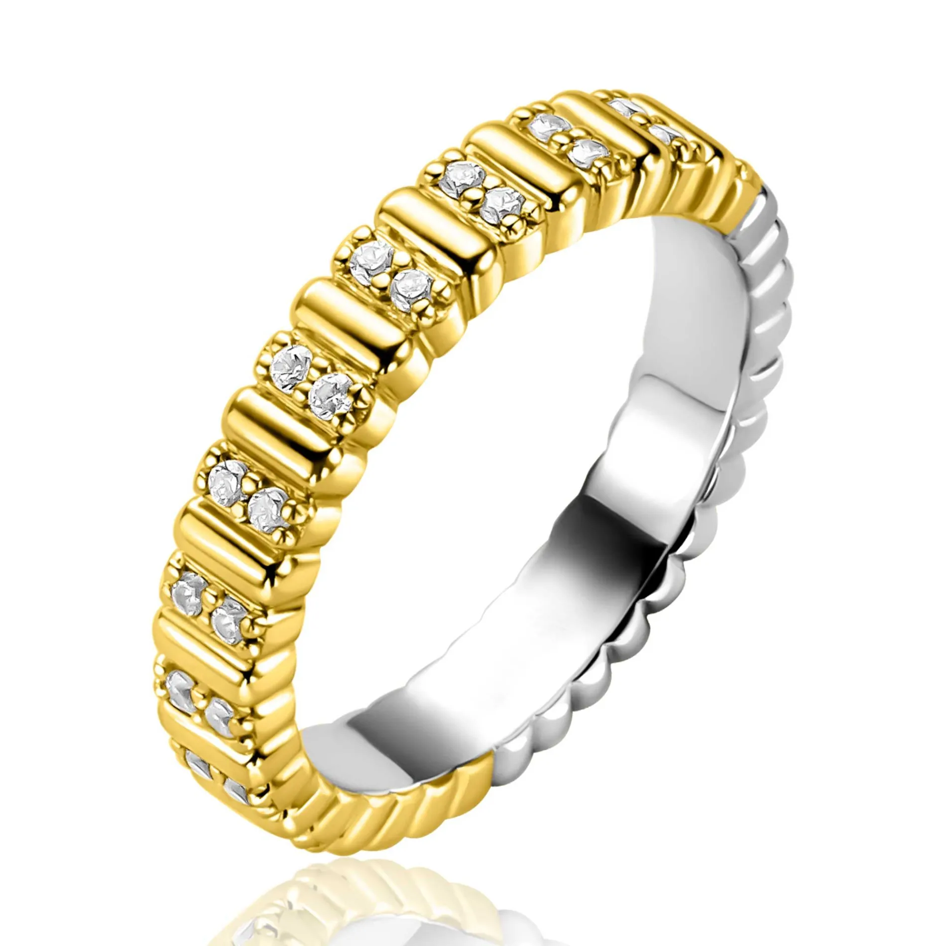 ZINZI gold plated zilveren ring (4mm breed) bezet met witte zirkonia's ZIR2686Y
