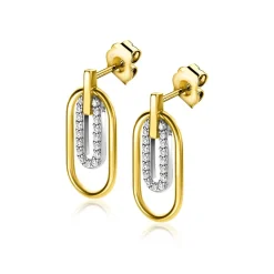 ZINZI gold plated zilveren ovale oorstekers 20mm bezet met witte zirconia's ZIO2329