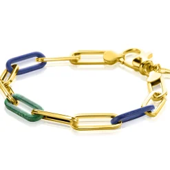 ZINZI gold plated zilveren armband met paperclip-schakels en trendy schakels in lapisblauw en malachietgroen 19cm ZIA2455