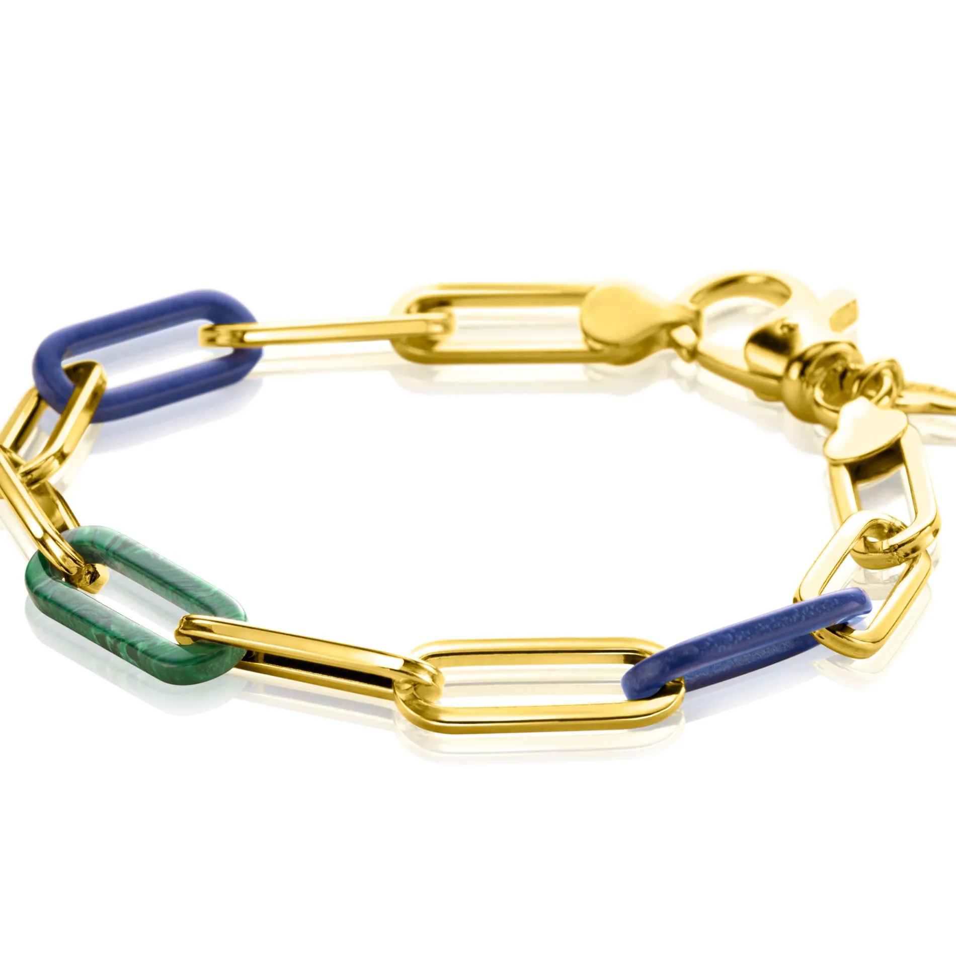 ZINZI gold plated zilveren armband met paperclip-schakels en trendy schakels in lapisblauw en malachietgroen 19cm ZIA2455
