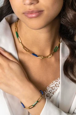 ZINZI gold plated zilveren armband met paperclip-schakels en trendy schakels in lapisblauw en malachietgroen 19cm ZIA2455