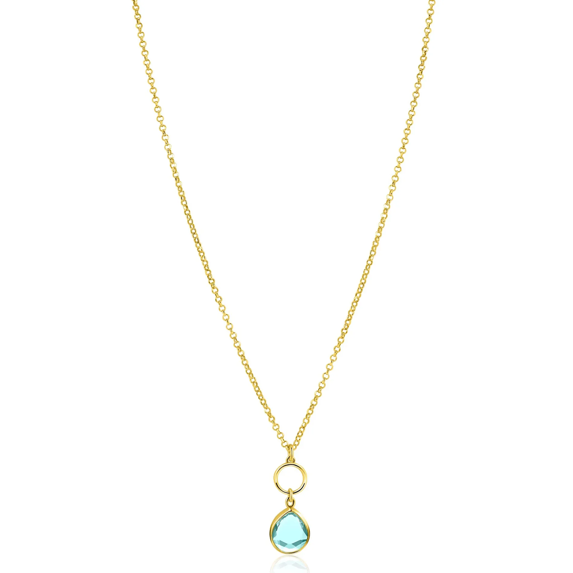 ZINZI gold plated zilveren ketting met open rondje en ovale hanger, bezet met turquoise kleursteen 40-45cm ZIC2716G