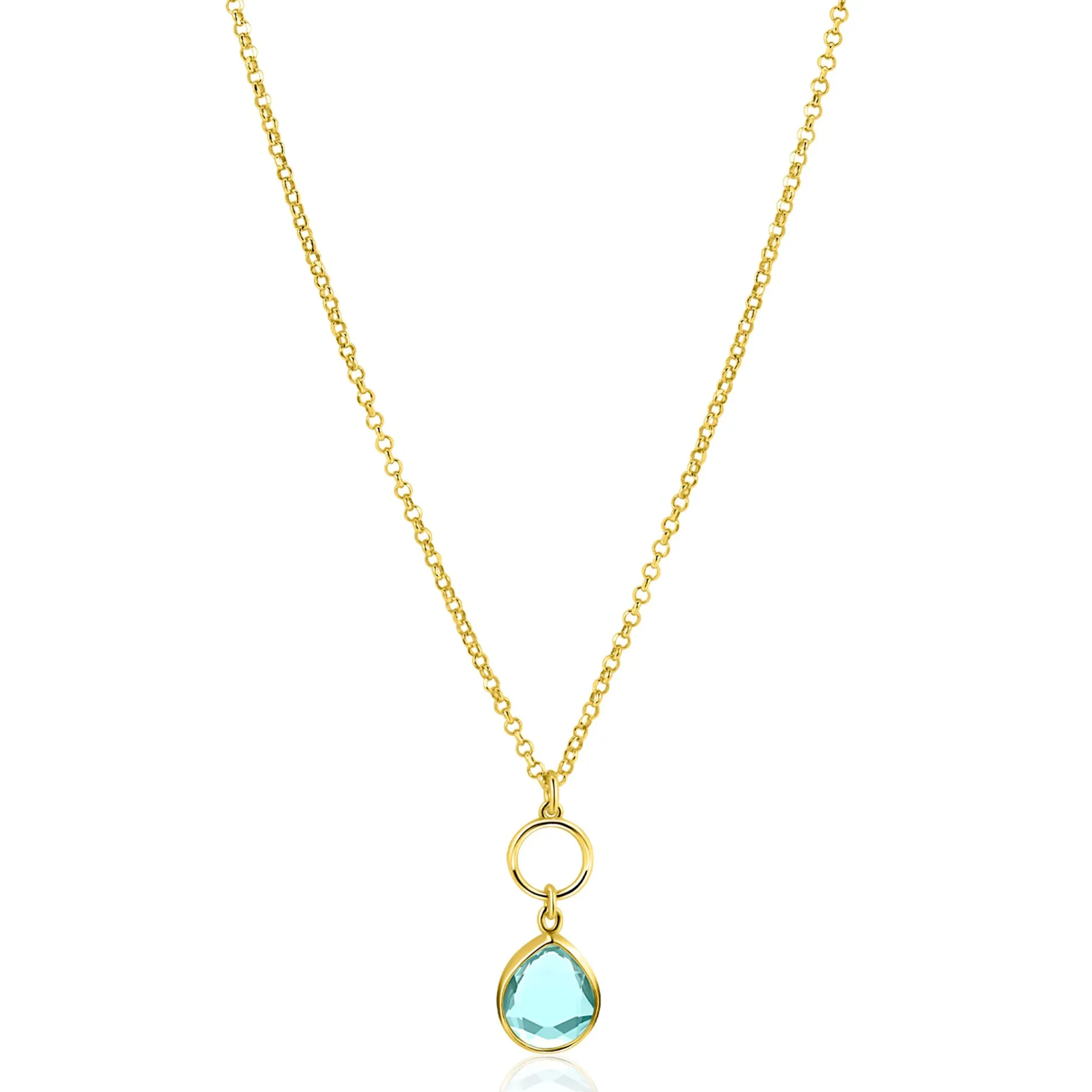 ZINZI gold plated zilveren ketting met open rondje en ovale hanger, bezet met turquoise kleursteen 40-45cm ZIC2716G