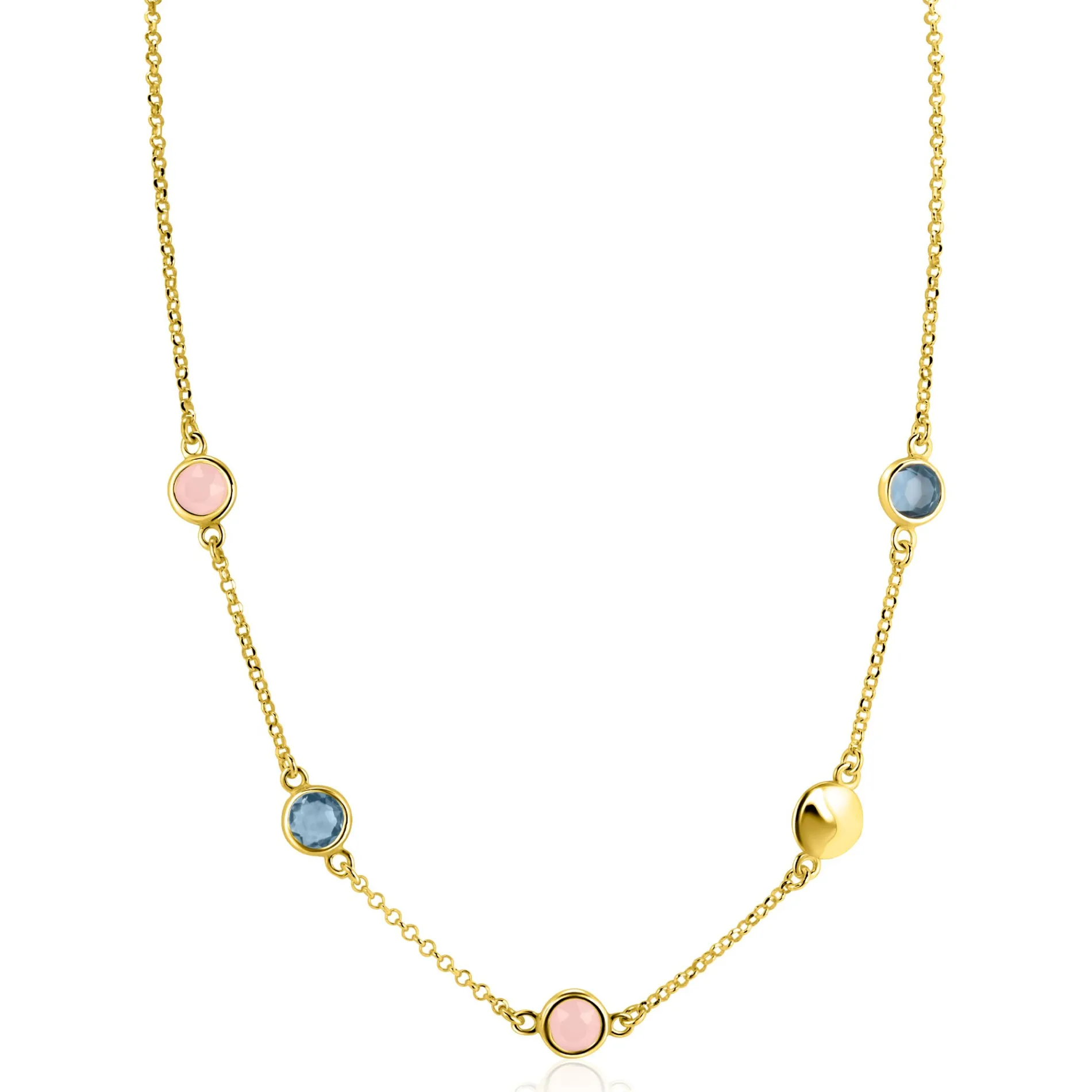 ZINZI gold plated zilveren ketting 40–45cm met rondjes, bezet met blauwe en roze kleurstenen ZIC2715G