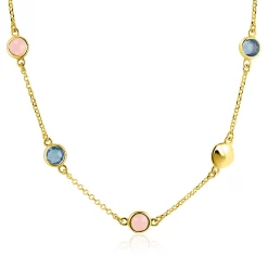 ZINZI gold plated zilveren ketting 40–45cm met rondjes, bezet met blauwe en roze kleurstenen ZIC2715G