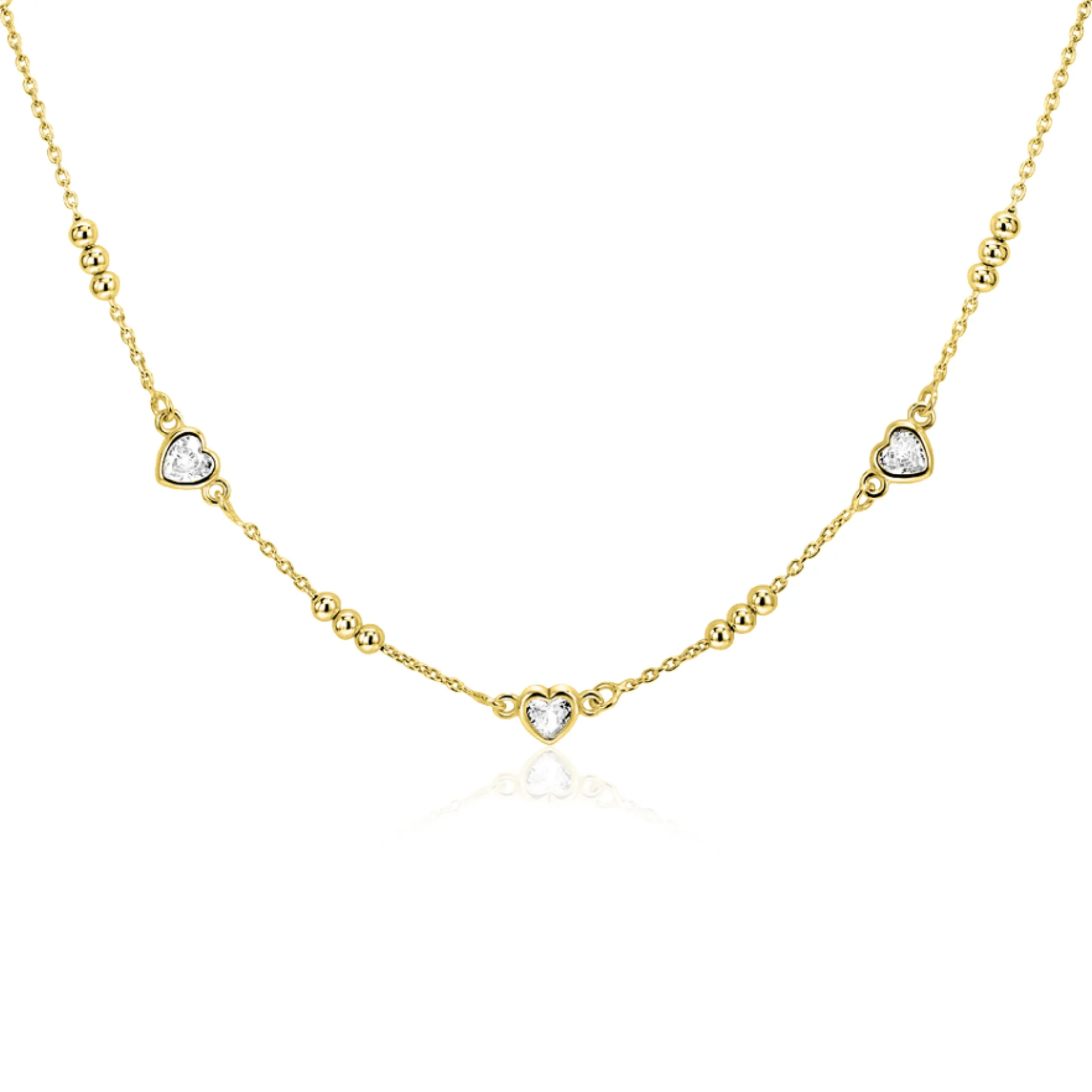 ZINZI gold plated zilveren schakelketting met trio-bolletjes en drie hartvormige witte zirkonia's 40-45cm ZIC2679