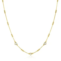 ZINZI gold plated zilveren schakelketting met trio-bolletjes en drie hartvormige witte zirkonia's 40-45cm ZIC2679