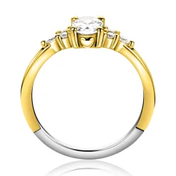 ZINZI gold plated zilveren verlovingsring met grote ovale witte zirkonia (7mm) en kleinere zirkonia's, met klein hartje aan de zijkant ZIR2698Y