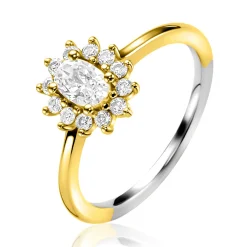 ZINZI gold plated zilveren entourage verlovingsring met een grote ovale witte zirkonia (11mm) en klein hartje aan de zijkant ZIR2699Y