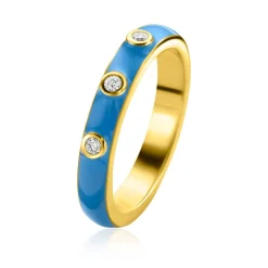 ZINZI gold plated zilveren aanschuifring trendy blauw emaille en witte zirconia's 3mm ZIR2315B