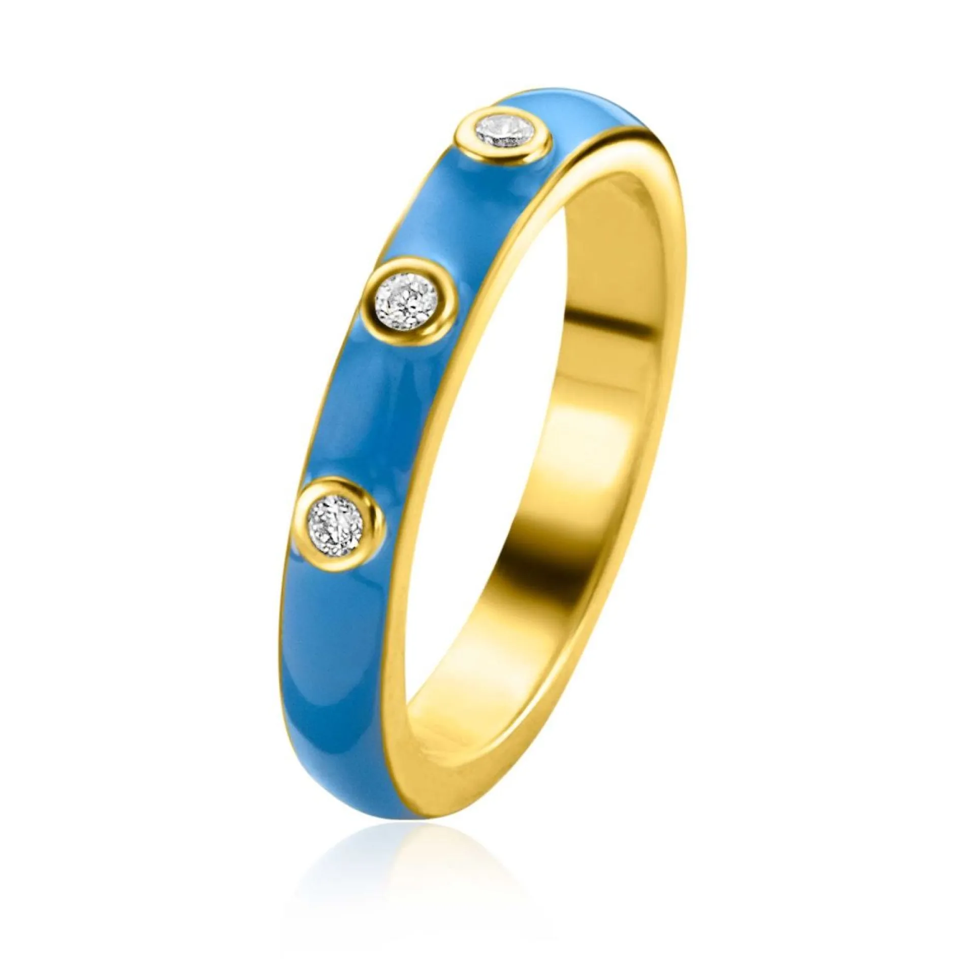 ZINZI gold plated zilveren aanschuifring trendy blauw emaille en witte zirconia's 3mm ZIR2315B