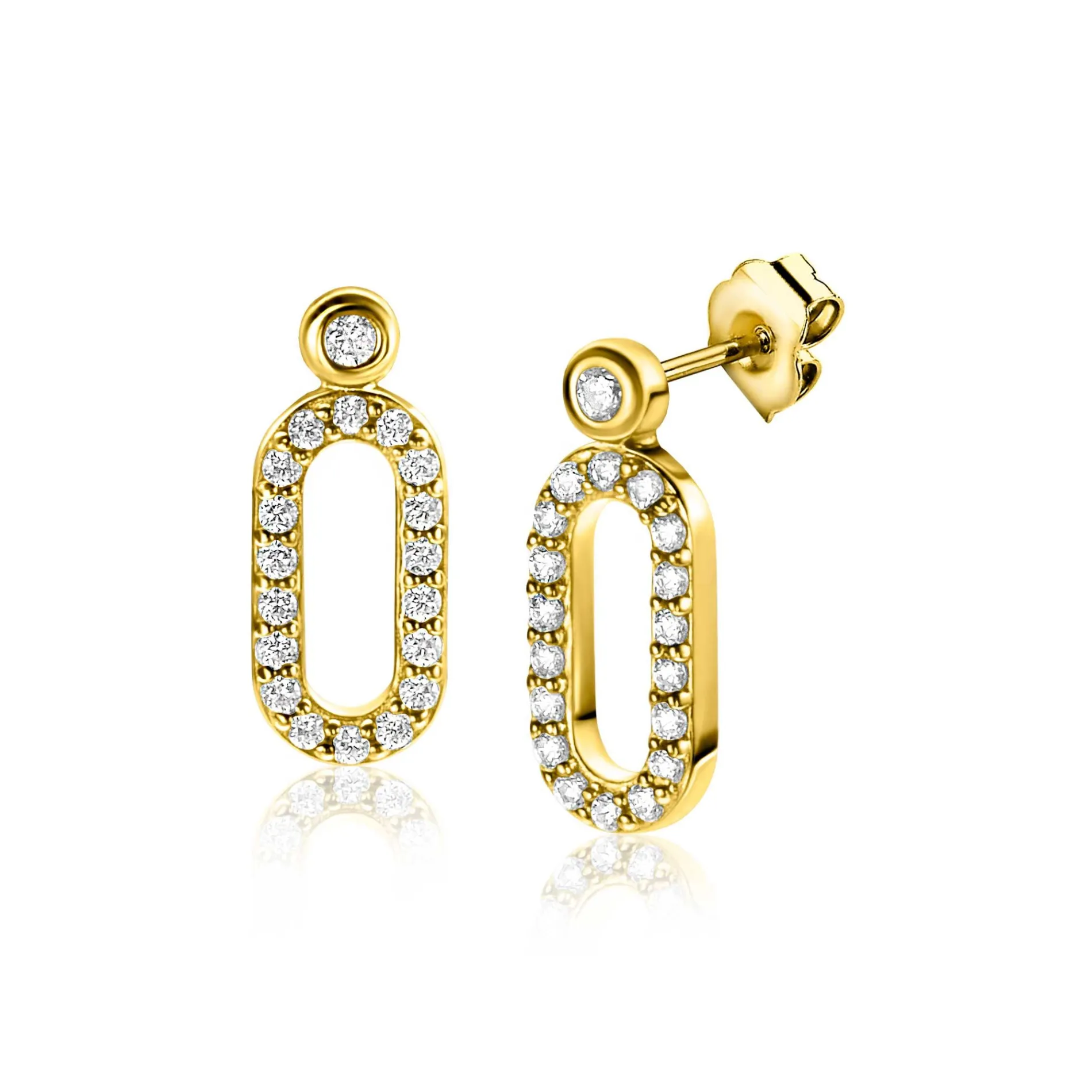 ZINZI gold plated zilveren oorstekers (13mm) met een open ovale vorm bezet met witte zirconia's ZIO2398Y