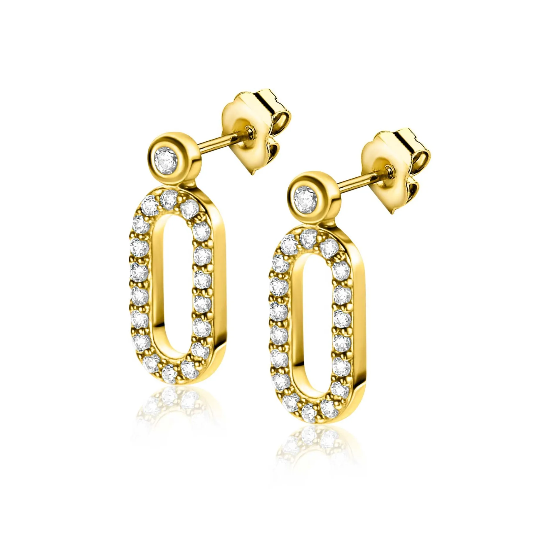 ZINZI gold plated zilveren oorstekers (13mm) met een open ovale vorm bezet met witte zirconia's ZIO2398Y
