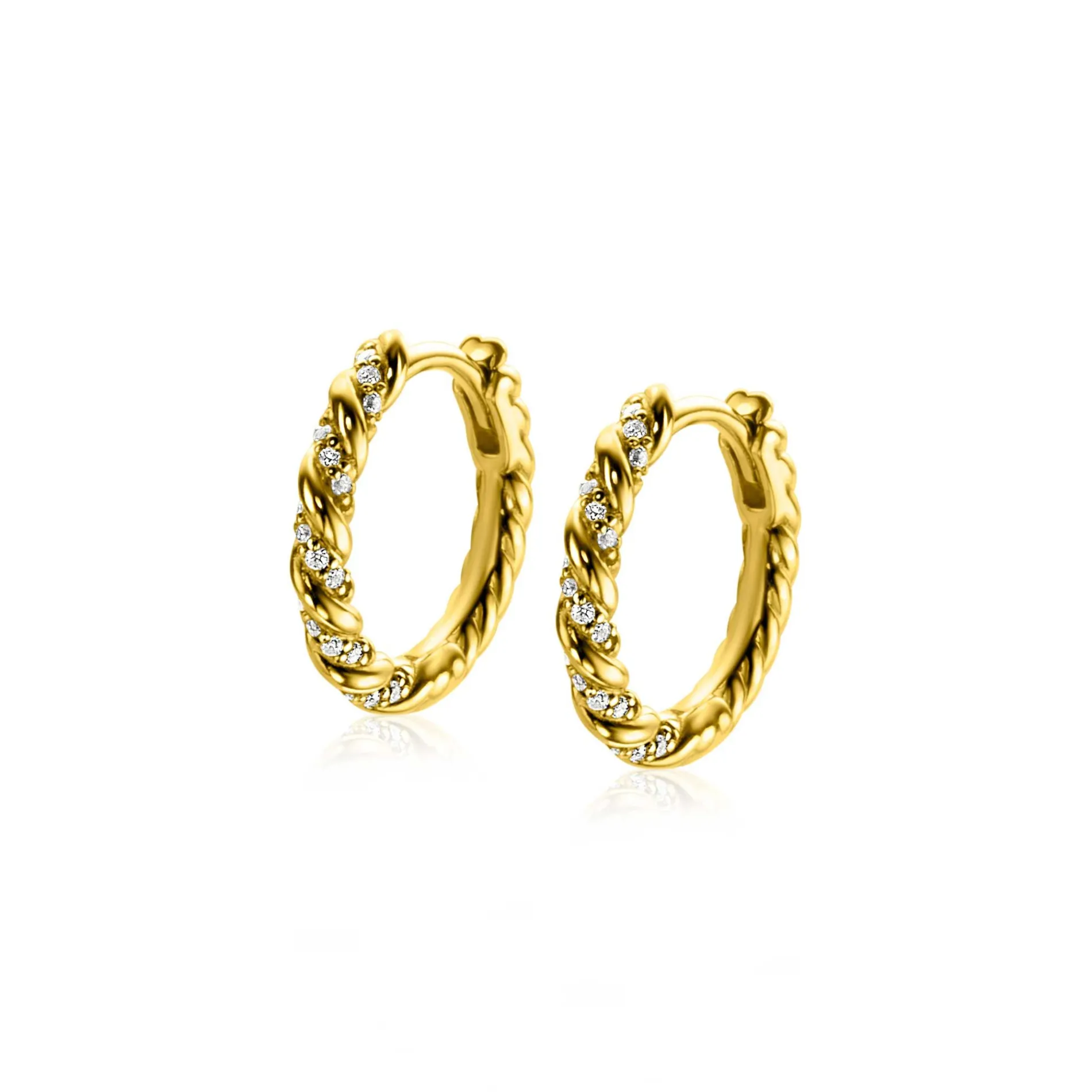 ZINZI gold plated zilveren oorringen gedraaid 15 x 2mm witte zirconia's ZIO2320Y
